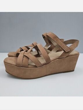 Eileen Fisher Mazy Sandal Womens 10 Latte Tan Leather Slingback Wedge Platform